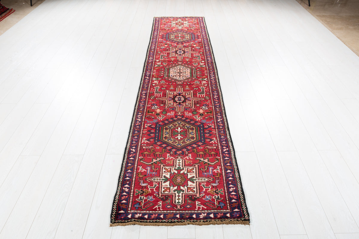 Vintage Geometric Medallion Narrow Runner Rug, Red – 10' 6" x 2' 5" (319 x 74 cm)