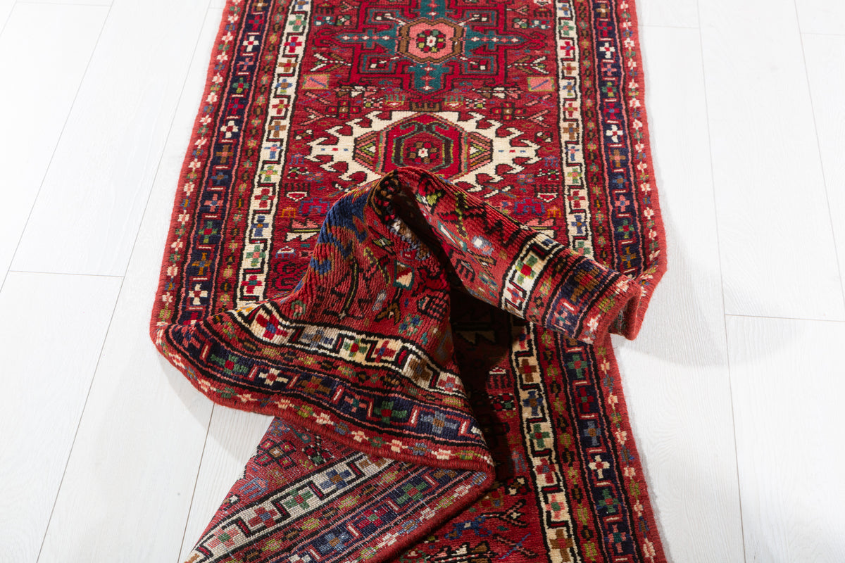 Vintage Geometric Medallion Narrow Runner Rug, Red – 6' 9" x 2' 1" (206 x 63 cm)