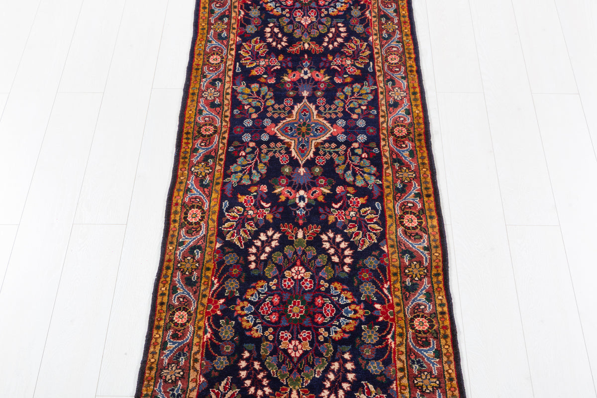 Vintage Floral Long Narrow Runner Rug, Deep Navy Blue – 13' 1" x 2' 5" (398 x 74 cm)
