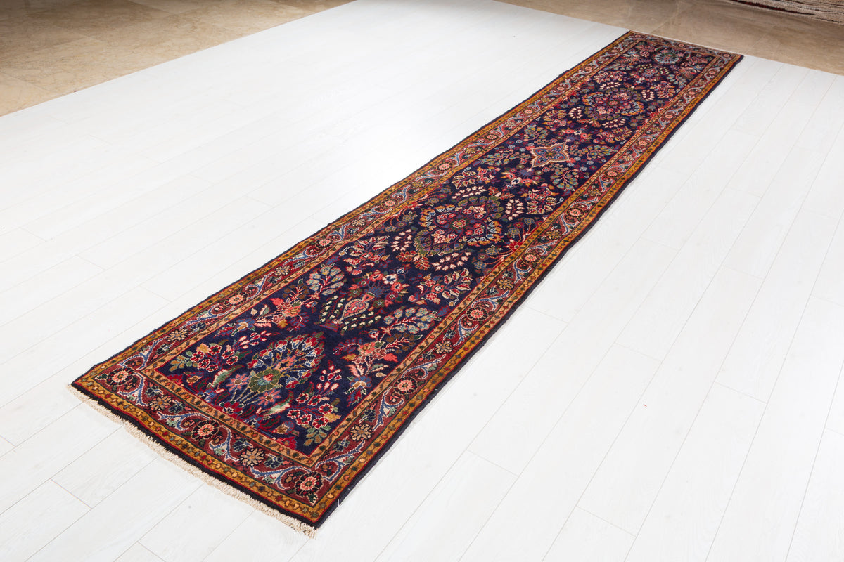 Vintage Floral Long Narrow Runner Rug, Deep Navy Blue – 13' 1" x 2' 5" (398 x 74 cm)