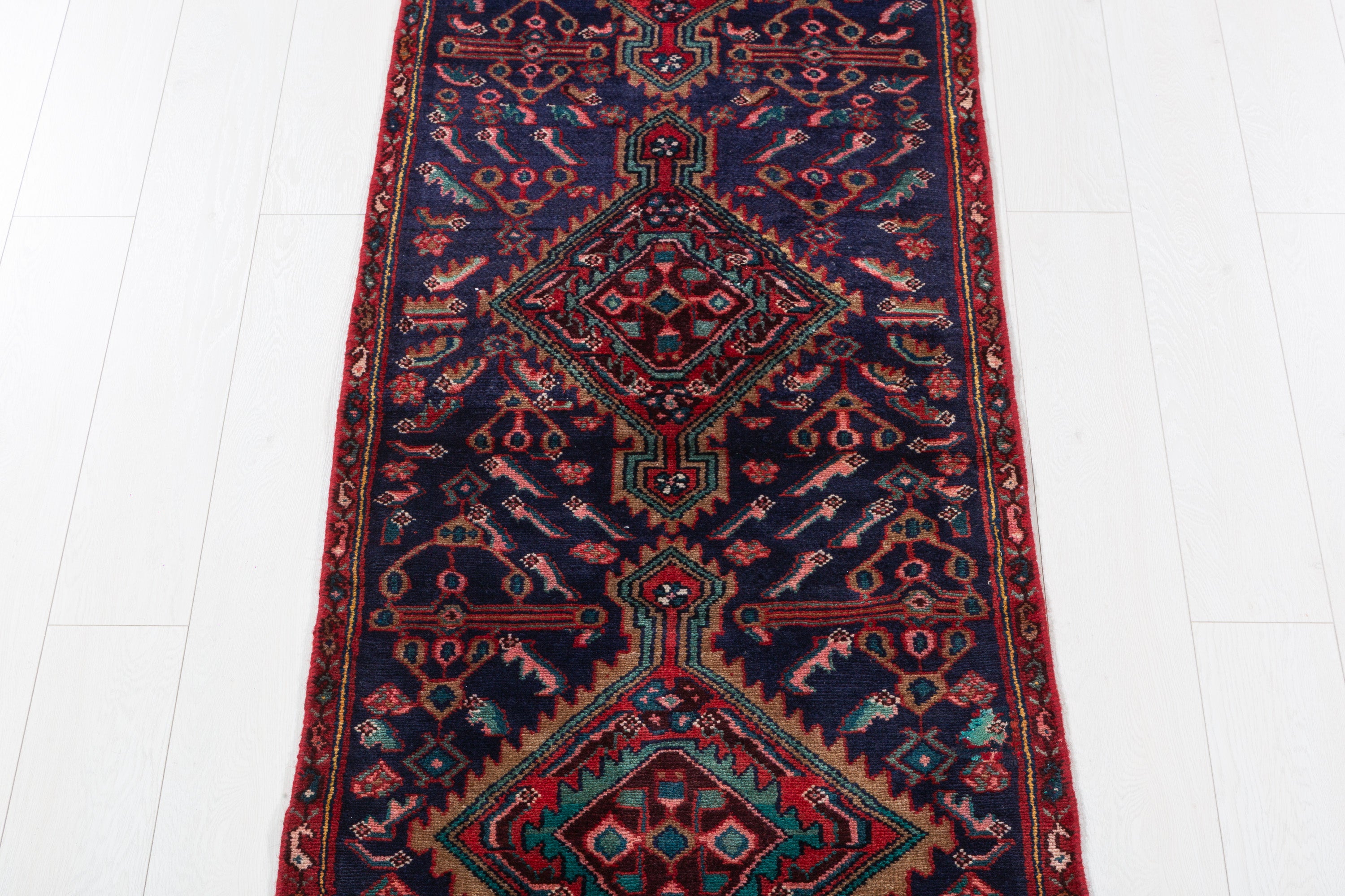 Vintage Geometric Medallion Narrow Runner Rug, Navy Blue – 8' 7" x 2' 5" (262 x 74 cm)