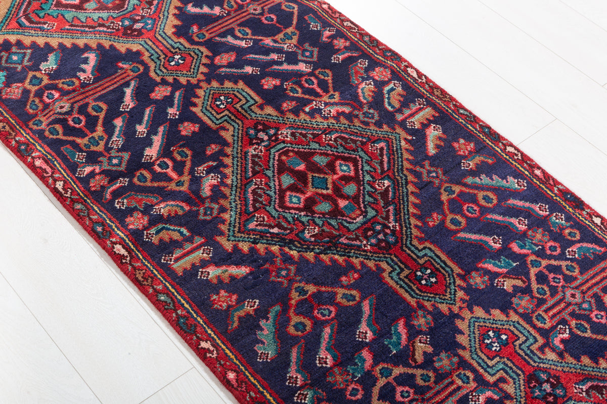 Vintage Geometric Medallion Narrow Runner Rug, Navy Blue – 8' 7" x 2' 5" (262 x 74 cm)