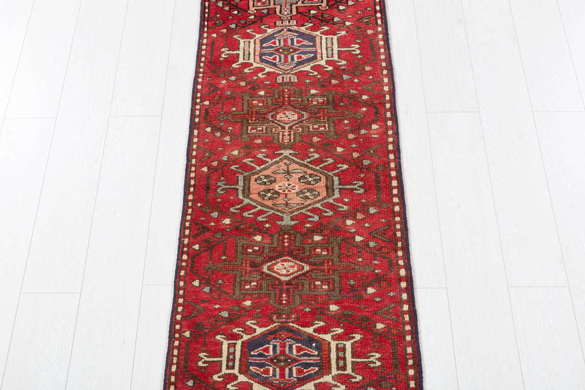Vintage Geometric Narrow Runner Rug, Red – 10' 1" x 1' 10" (307 x 57 cm)