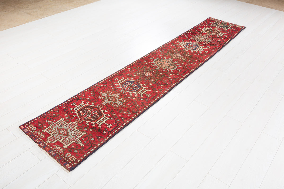 Vintage Geometric Narrow Runner Rug, Red – 10' 1" x 1' 10" (307 x 57 cm)