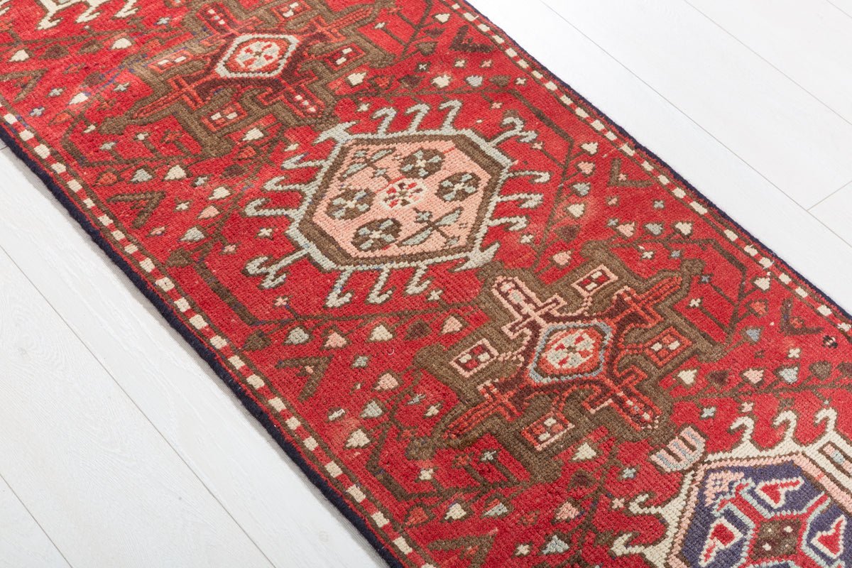 Vintage Geometric Narrow Runner Rug, Red – 10' 1" x 1' 10" (307 x 57 cm)