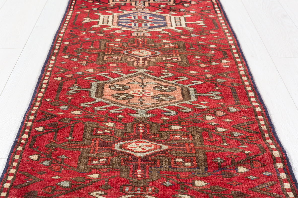 Vintage Geometric Narrow Runner Rug, Red – 10' 1" x 1' 10" (307 x 57 cm)