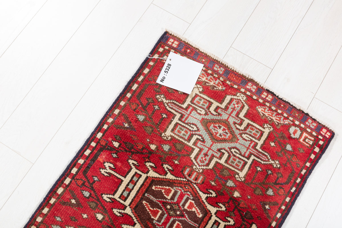 Vintage Geometric Narrow Runner Rug, Red – 10' 1" x 1' 10" (307 x 57 cm)