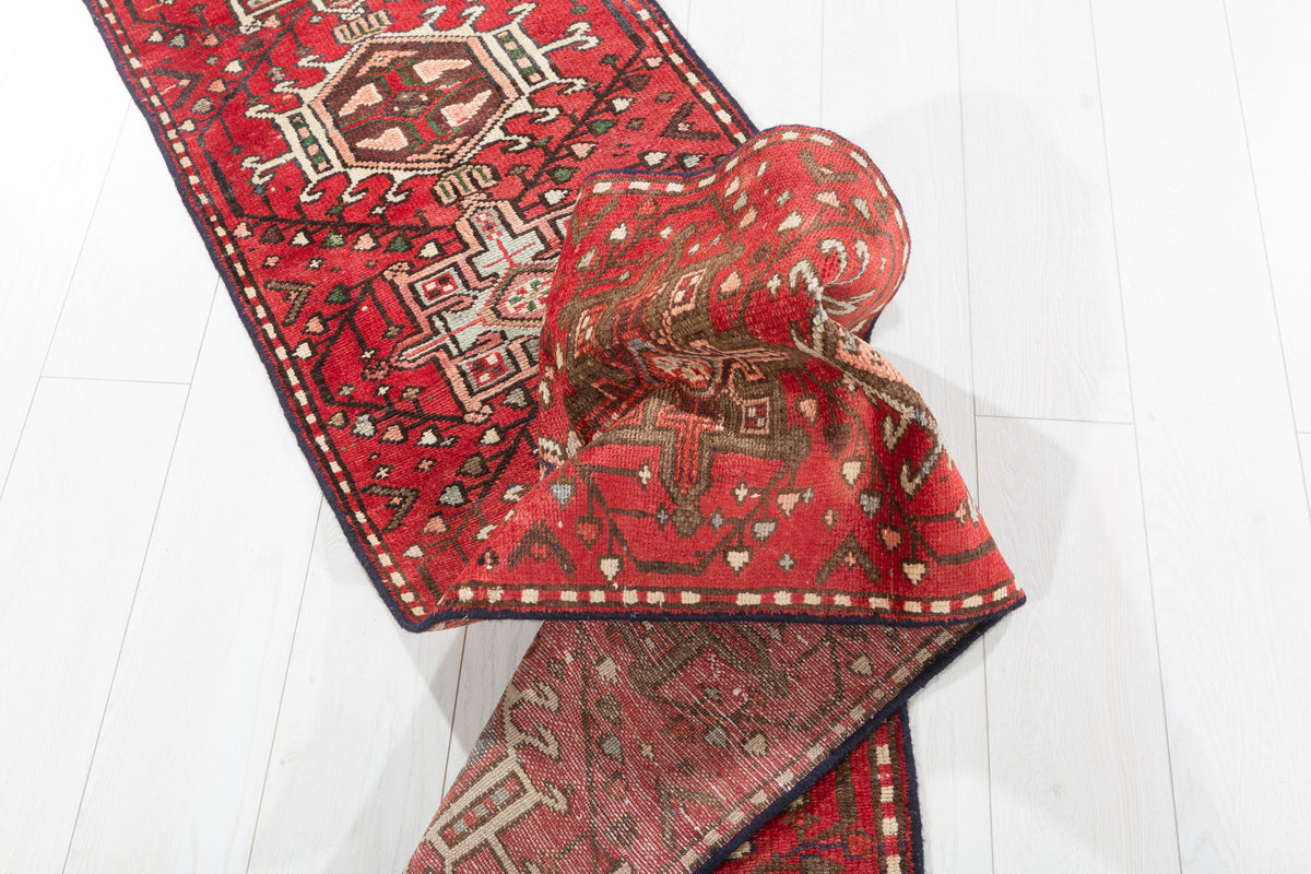 Vintage Geometric Narrow Runner Rug, Red – 10' 1" x 1' 10" (307 x 57 cm)