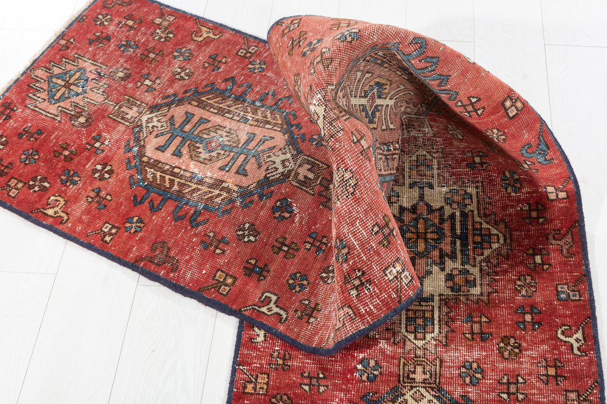 Antique Distressed Geometric Narrow Runner Rug, Red – 8' 1" x 1' 11" (246 x 59 cm)