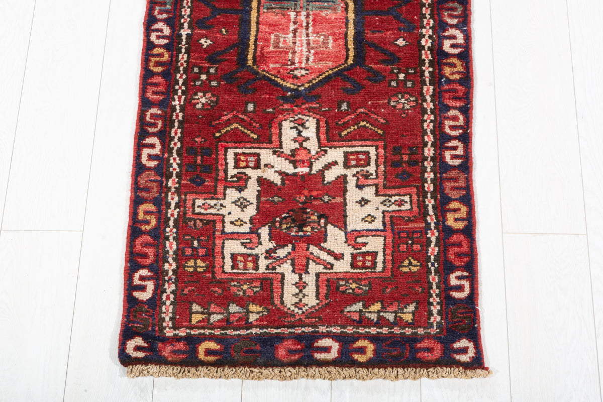 Vintage Hooked Geometric Narrow Runner Rug, Red – 8' 0" x 2' 0" (244 x 62 cm)