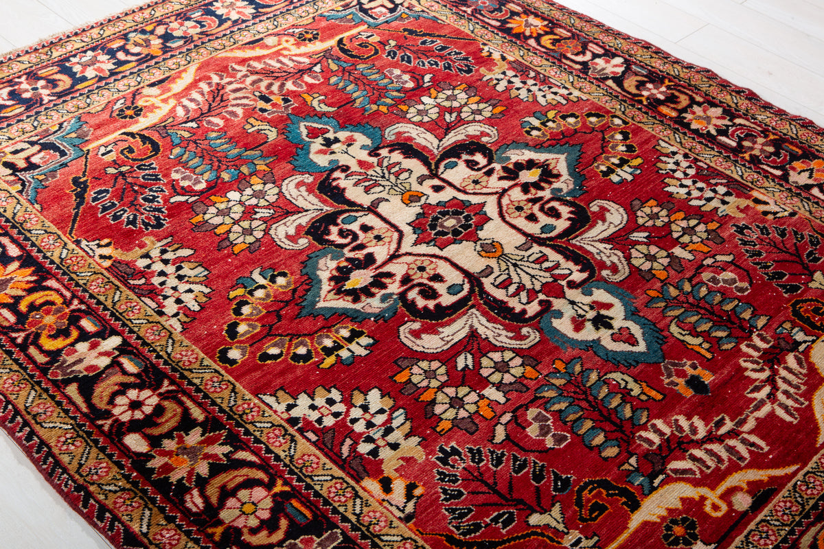 Rare Collectible Antique Red Floral Medallion Wool Rug – 6' 8" x 5' 6" (203 x 168 cm)