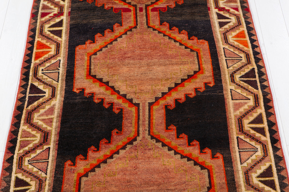 Rare Collectible Antique Rust Orange & Black Geometric Medallion Wool Rug – 8' 6" x 4' 2" (259 x 128 cm)