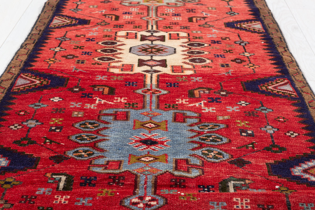 Vintage Geometric Medallion Runner Rug, Red – 12' 4" x 2' 6" (375 x 75 cm)