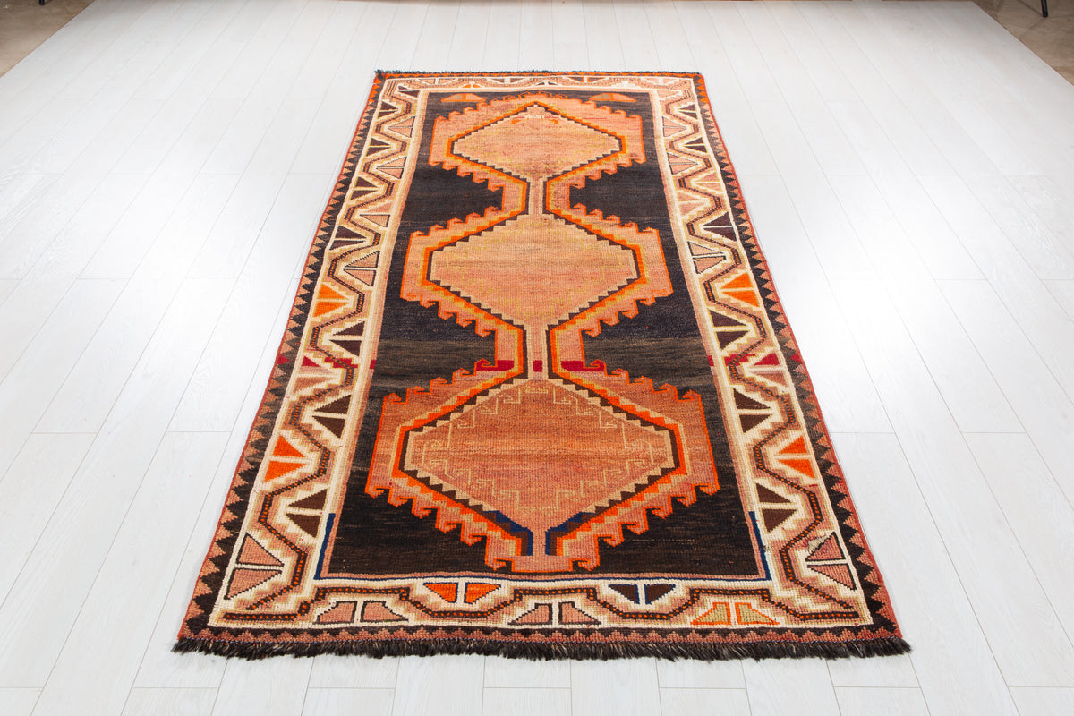 Rare Collectible Antique Rust Orange & Black Geometric Medallion Wool Rug – 8' 6" x 4' 2" (259 x 128 cm)