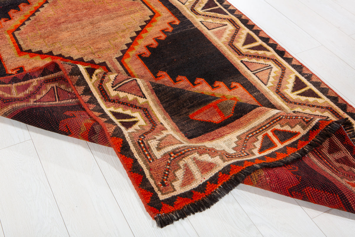 Rare Collectible Antique Rust Orange & Black Geometric Medallion Wool Rug – 8' 6" x 4' 2" (259 x 128 cm)