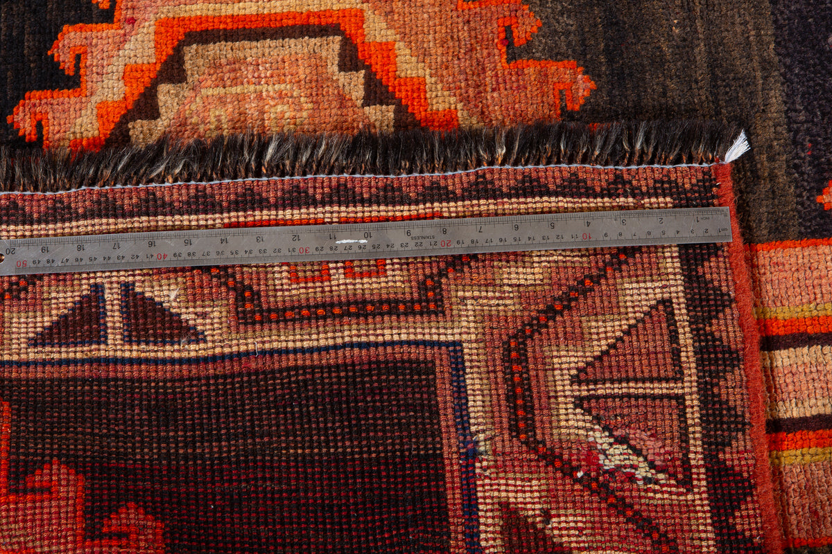 Rare Collectible Antique Rust Orange & Black Geometric Medallion Wool Rug – 8' 6" x 4' 2" (259 x 128 cm)