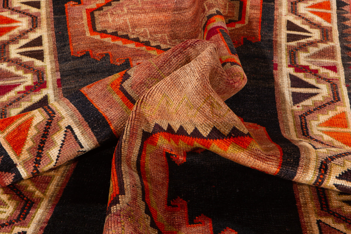 Rare Collectible Antique Rust Orange & Black Geometric Medallion Wool Rug – 8' 6" x 4' 2" (259 x 128 cm)