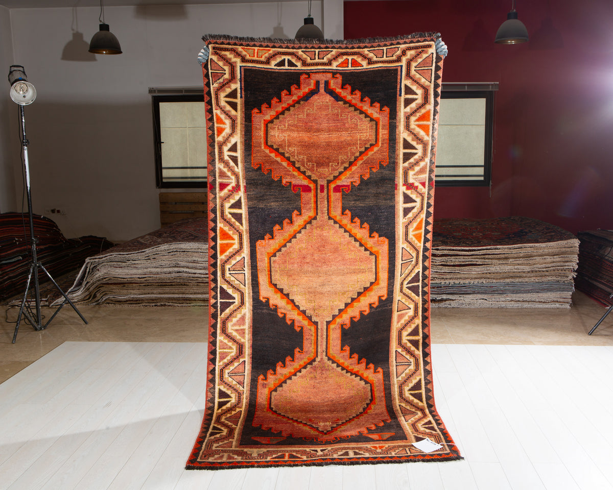Rare Collectible Antique Rust Orange & Black Geometric Medallion Wool Rug – 8' 6" x 4' 2" (259 x 128 cm)