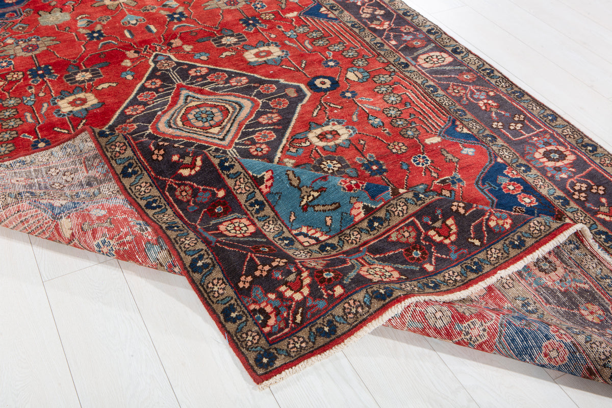 Vintage Red Geometric Medallion Wool Rug – 9' 2" x 5' 2" (279 x 158 cm)