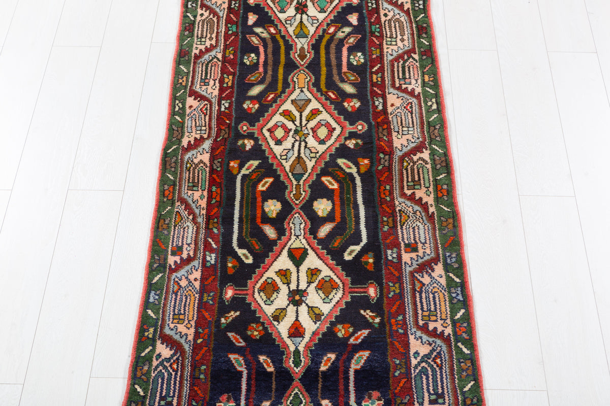 Vintage Geometric Floral Runner Rug, Navy Blue – 9' 1" x 2' 7" (278 x 78 cm)
