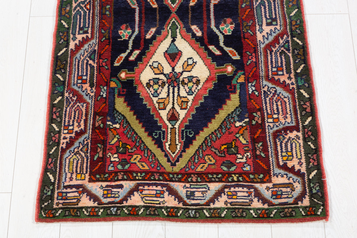 Vintage Geometric Floral Runner Rug, Navy Blue – 9' 1" x 2' 7" (278 x 78 cm)