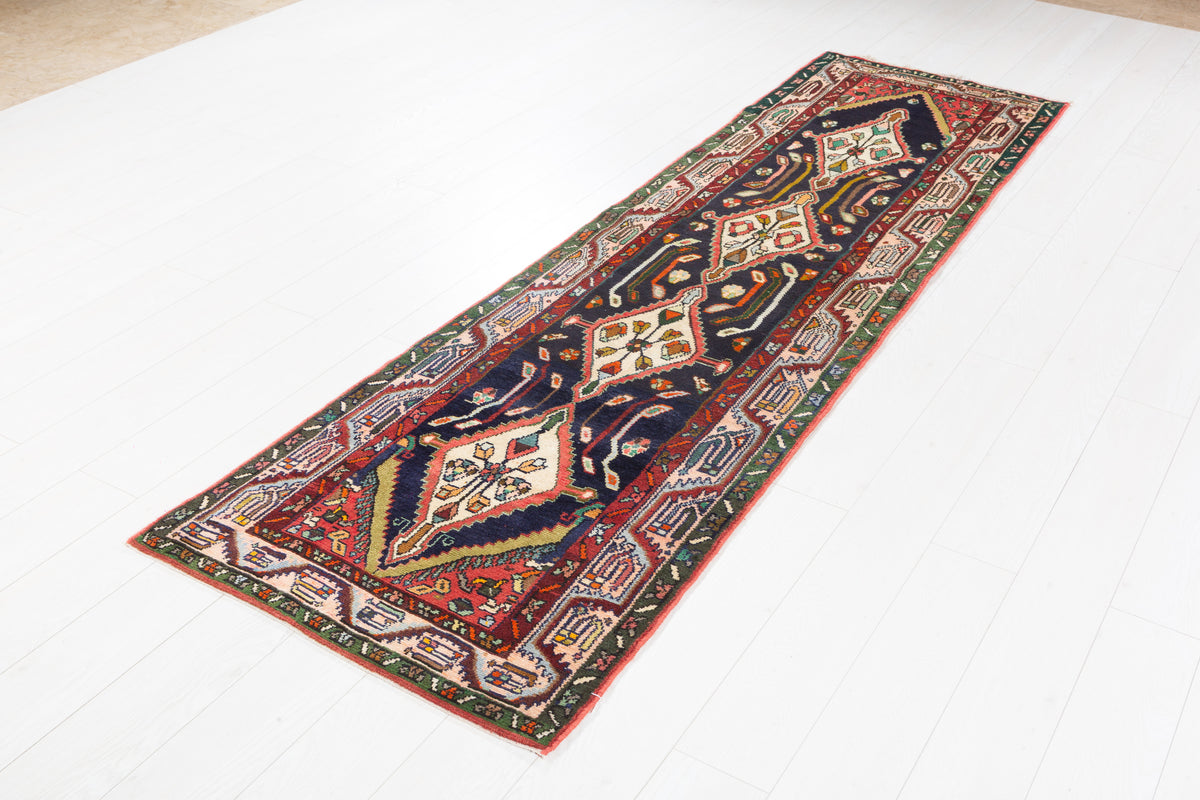 Vintage Geometric Floral Runner Rug, Navy Blue – 9' 1" x 2' 7" (278 x 78 cm)