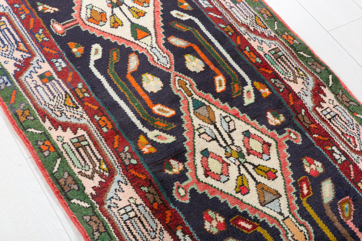 Vintage Geometric Floral Runner Rug, Navy Blue – 9' 1" x 2' 7" (278 x 78 cm)
