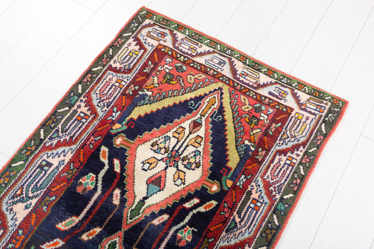 Vintage Geometric Floral Runner Rug, Navy Blue – 9' 1" x 2' 7" (278 x 78 cm)