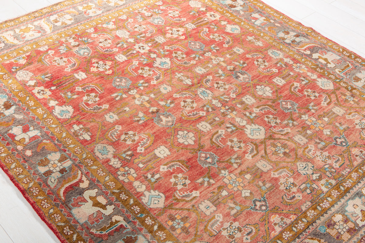 Rare Collectible Antique Faded Rust Red Wool Rug – 6' 5" x 5' 8" (196 x 173 cm)