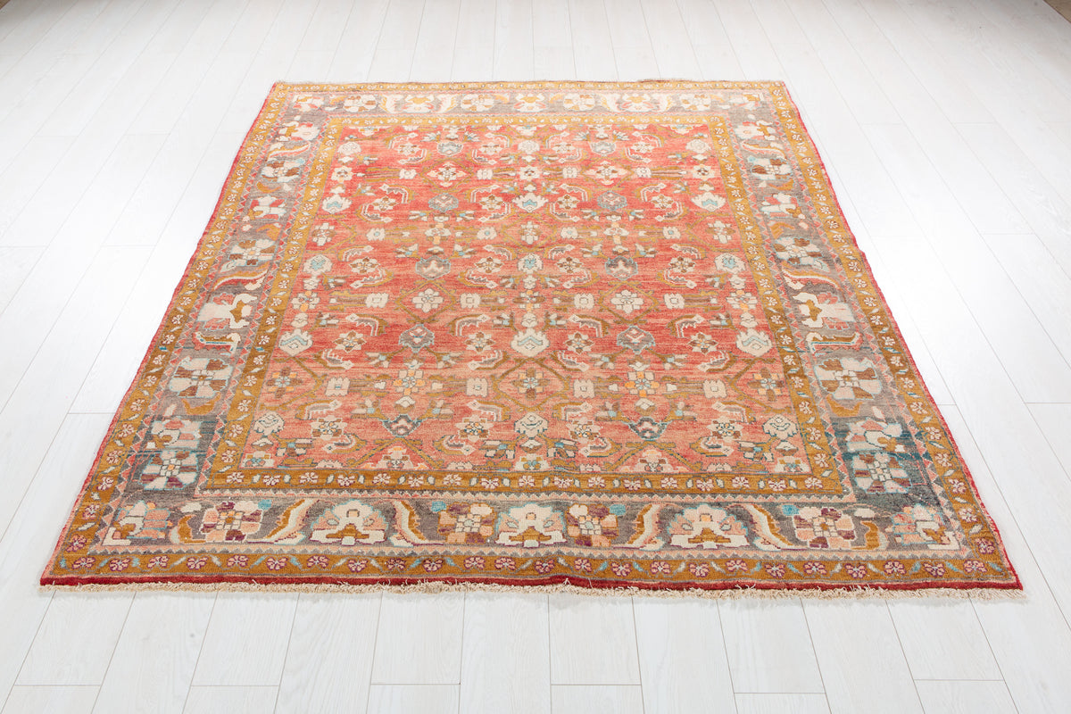 Rare Collectible Antique Faded Rust Red Wool Rug – 6' 5" x 5' 8" (196 x 173 cm)