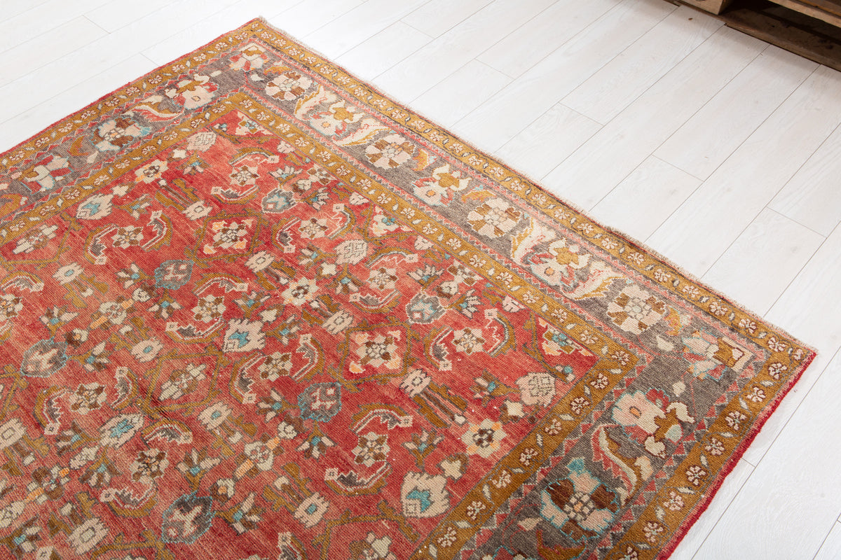 Rare Collectible Antique Faded Rust Red Wool Rug – 6' 5" x 5' 8" (196 x 173 cm)