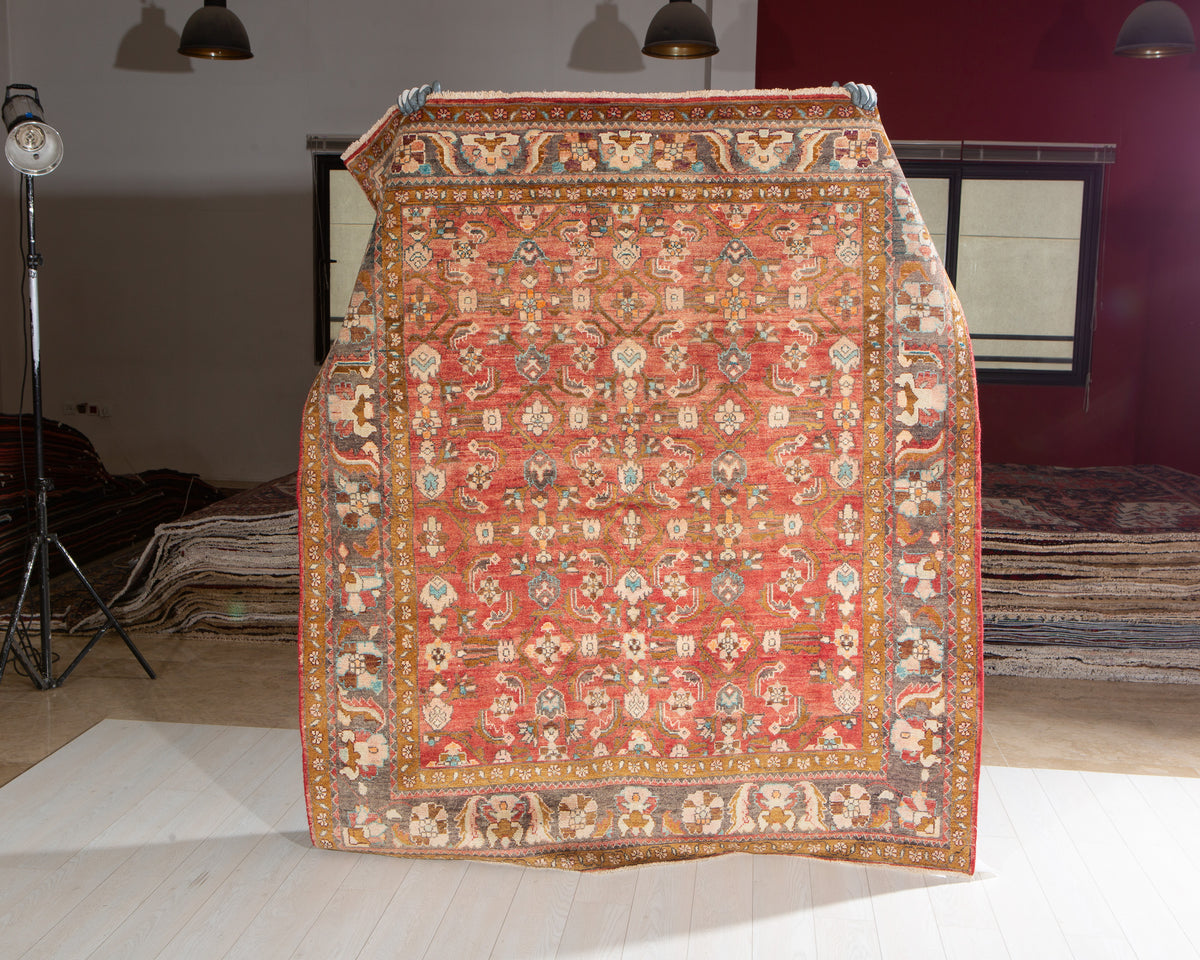 Rare Collectible Antique Faded Rust Red Wool Rug – 6' 5" x 5' 8" (196 x 173 cm)
