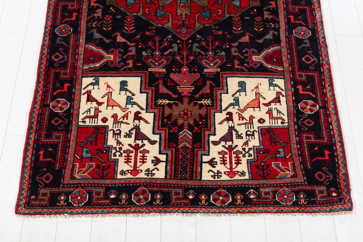 Vintage Deep Navy Blue & Red Geometric Medallion Wool Rug – 8' 6" x 4' 9" (260 x 146 cm)