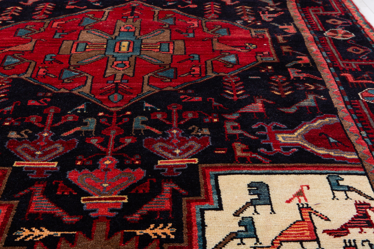 Vintage Deep Navy Blue & Red Geometric Medallion Wool Rug – 8' 6" x 4' 9" (260 x 146 cm)
