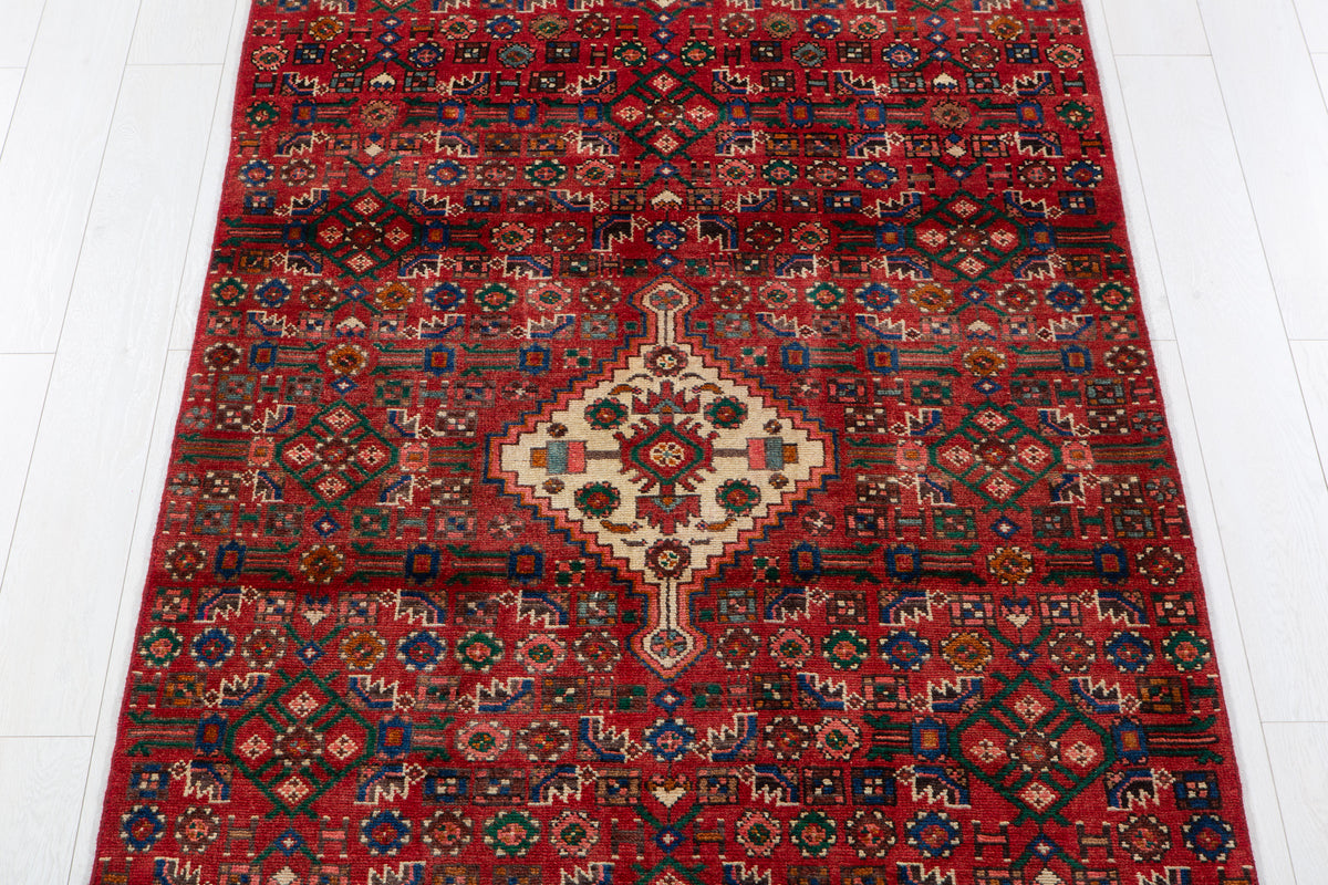 Vintage Red Geometric Allover Wool Rug – 9' 1" x 4' 1" (277 x 125 cm)