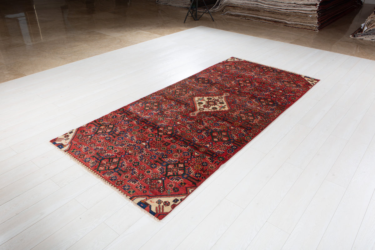 Vintage Red Geometric Allover Wool Rug – 9' 1" x 4' 1" (277 x 125 cm)