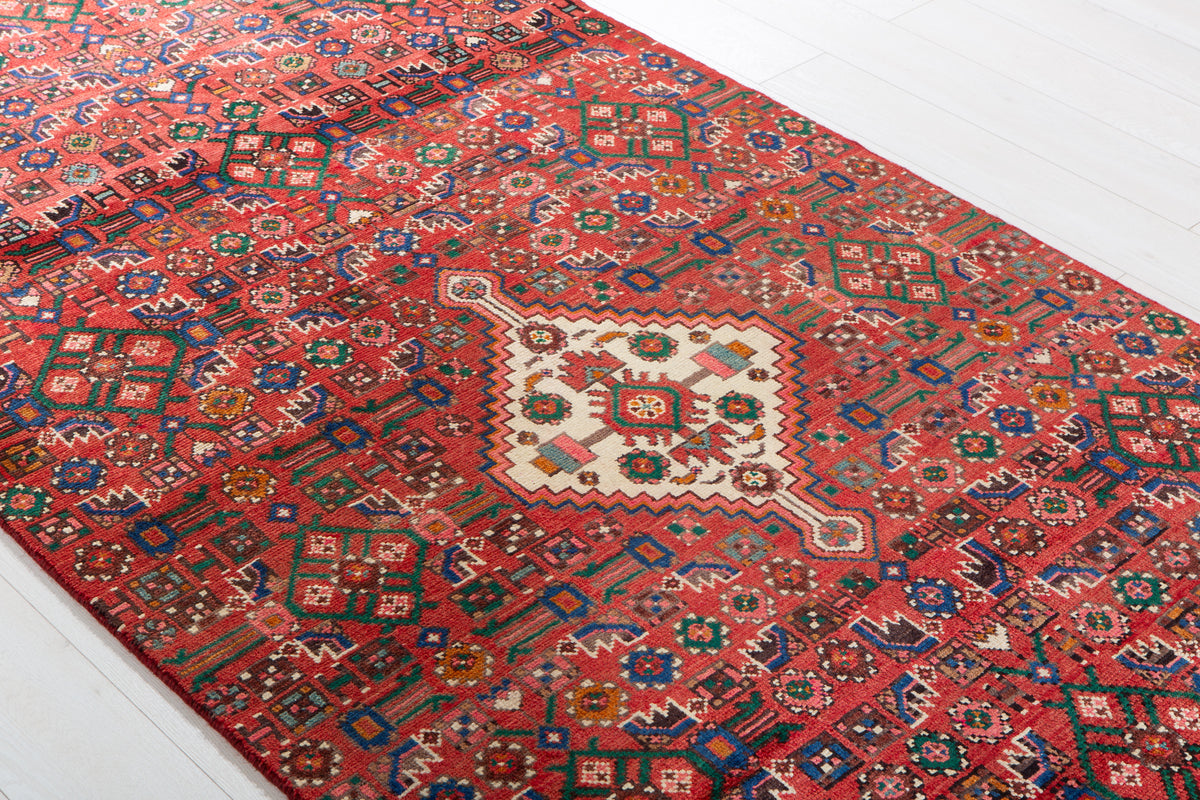 Vintage Red Geometric Allover Wool Rug – 9' 1" x 4' 1" (277 x 125 cm)