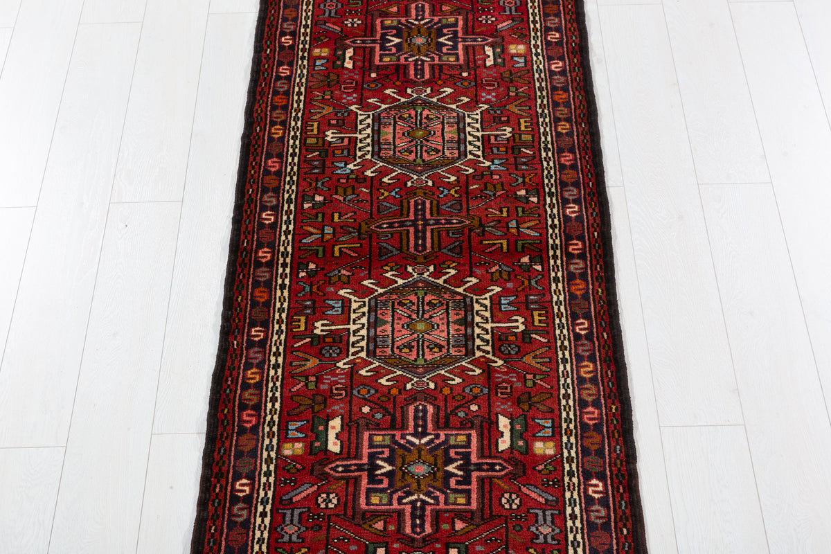 Vintage Narrow Repeating Geometric Medallion Runner Rug, Red – 9' 8" x 2' 5" (295 x 73 cm)