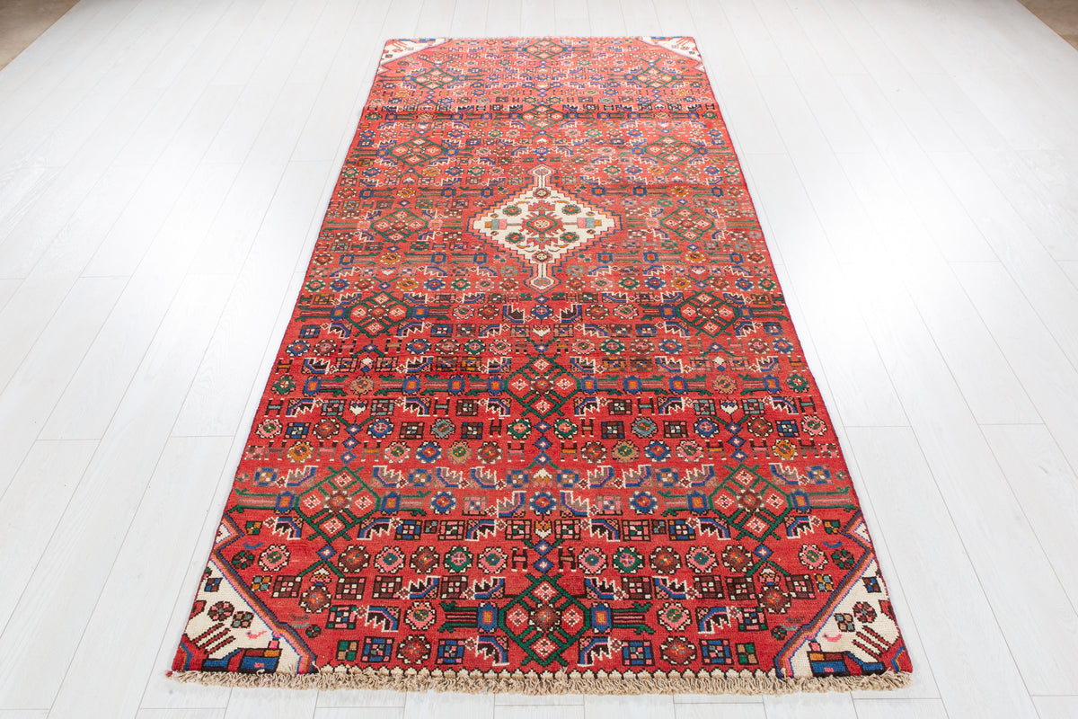 Vintage Red Geometric Allover Wool Rug – 9' 1" x 4' 1" (277 x 125 cm)