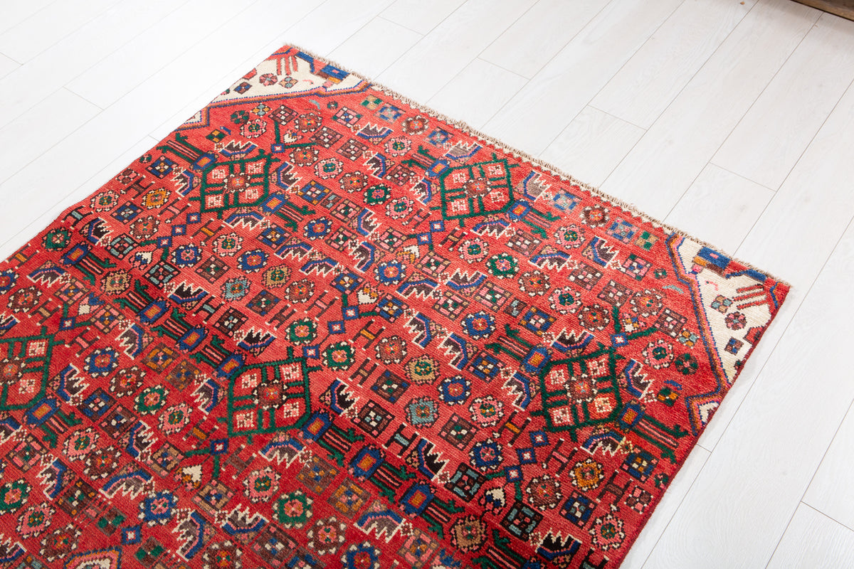 Vintage Red Geometric Allover Wool Rug – 9' 1" x 4' 1" (277 x 125 cm)