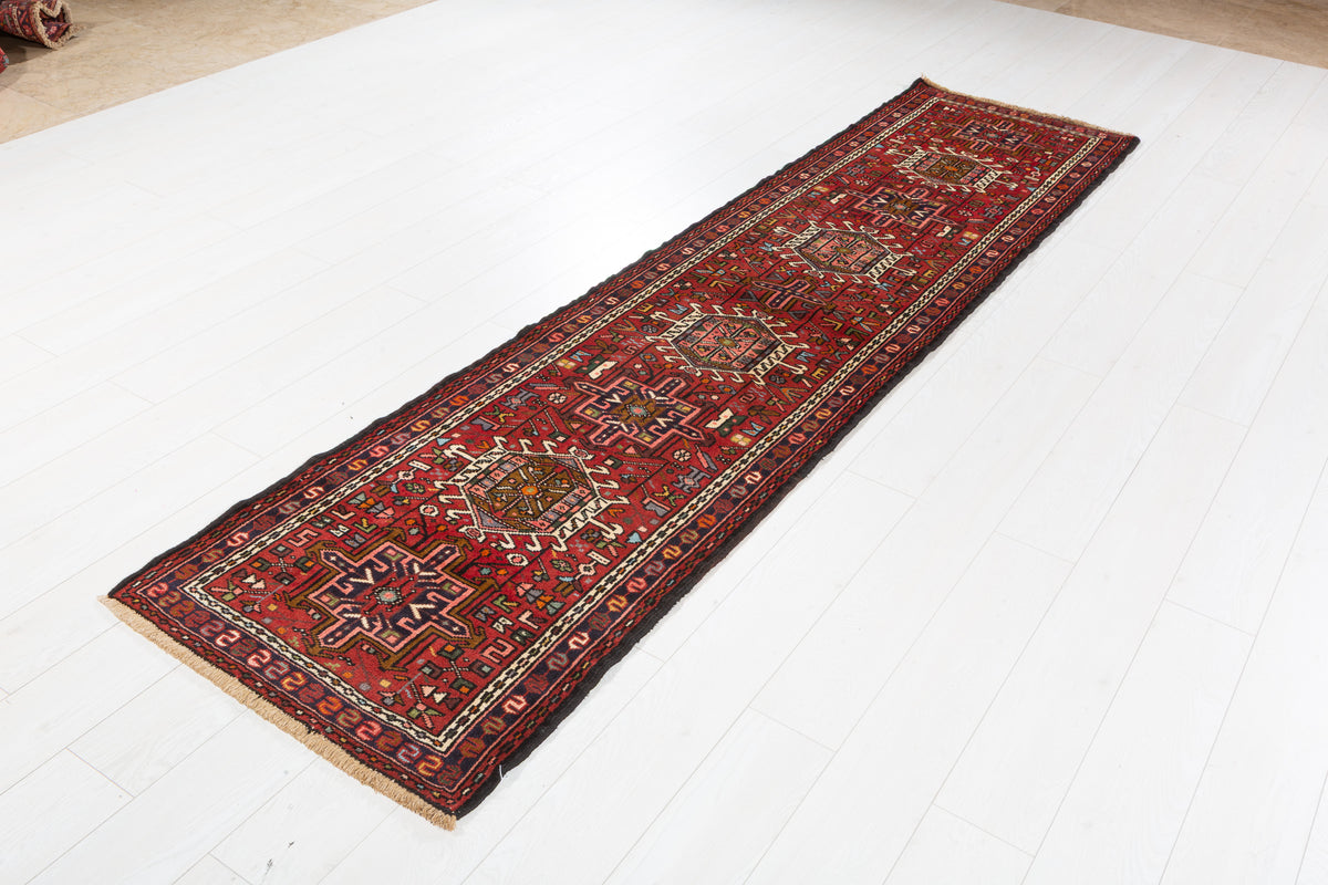 Vintage Narrow Repeating Geometric Medallion Runner Rug, Red – 9' 8" x 2' 5" (295 x 73 cm)