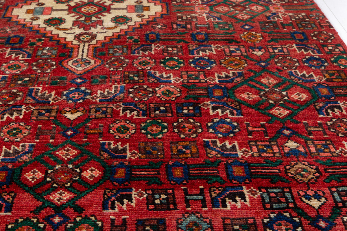 Vintage Red Geometric Allover Wool Rug – 9' 1" x 4' 1" (277 x 125 cm)