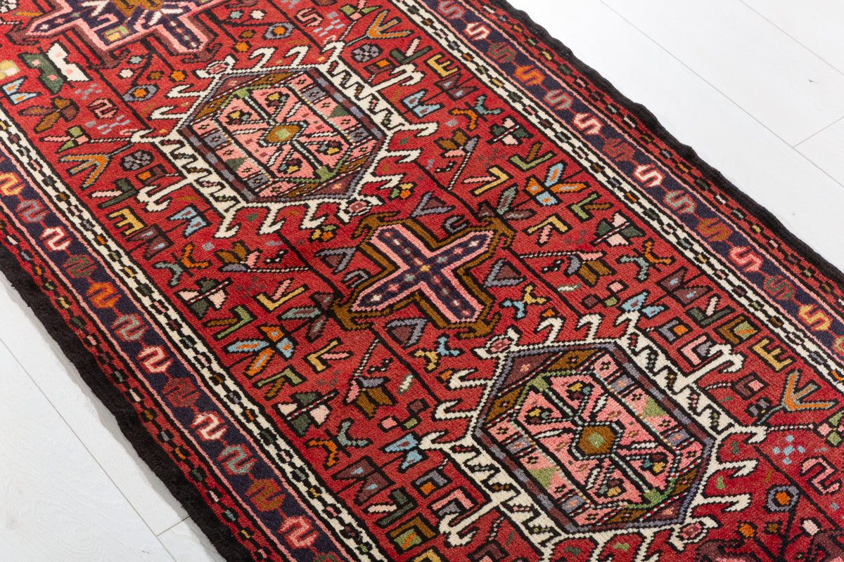 Vintage Narrow Repeating Geometric Medallion Runner Rug, Red – 9' 8" x 2' 5" (295 x 73 cm)