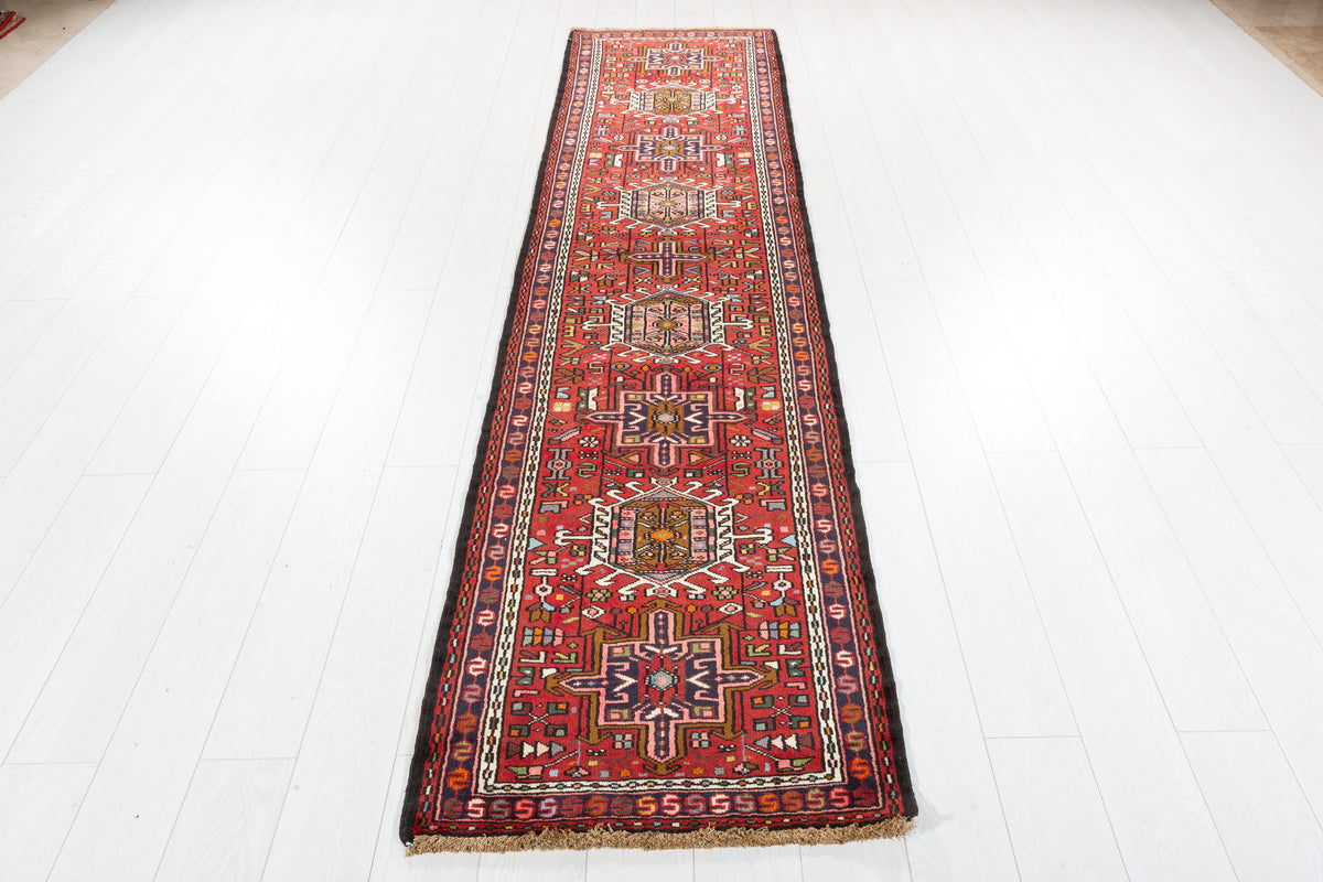 Vintage Narrow Repeating Geometric Medallion Runner Rug, Red – 9' 8" x 2' 5" (295 x 73 cm)