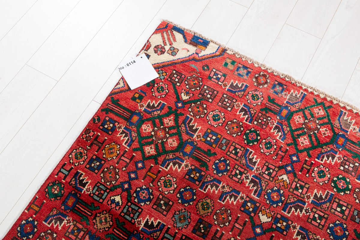 Vintage Red Geometric Allover Wool Rug – 9' 1" x 4' 1" (277 x 125 cm)