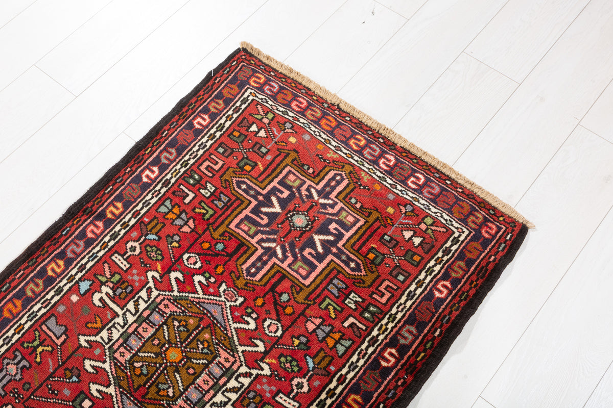 Vintage Narrow Repeating Geometric Medallion Runner Rug, Red – 9' 8" x 2' 5" (295 x 73 cm)