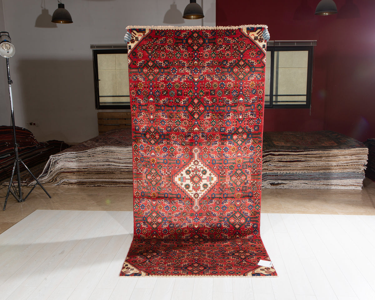 Vintage Red Geometric Allover Wool Rug – 9' 1" x 4' 1" (277 x 125 cm)
