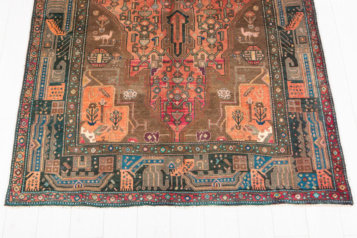 Antique Copper Orange Geometric Medallion Wool Rug – 9' 11" x 5' 0" (301 x 153 cm)