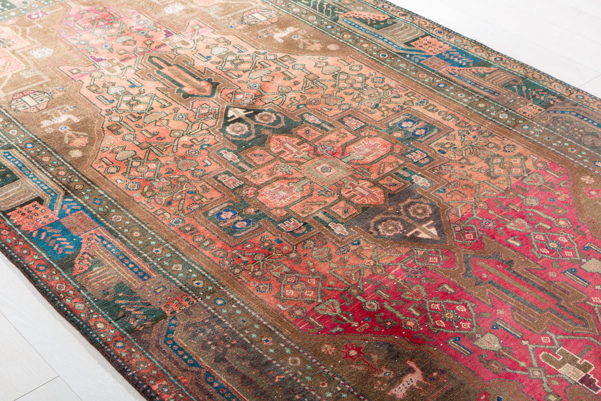 Antique Copper Orange Geometric Medallion Wool Rug – 9' 11" x 5' 0" (301 x 153 cm)