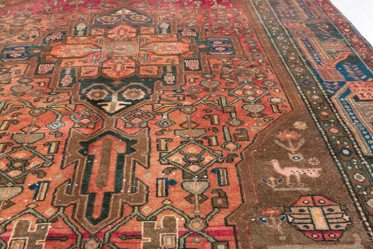 Antique Copper Orange Geometric Medallion Wool Rug – 9' 11" x 5' 0" (301 x 153 cm)